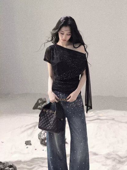 “Frosted Kiss” Quiet Black Crystal Mesh Short Sleeve Top