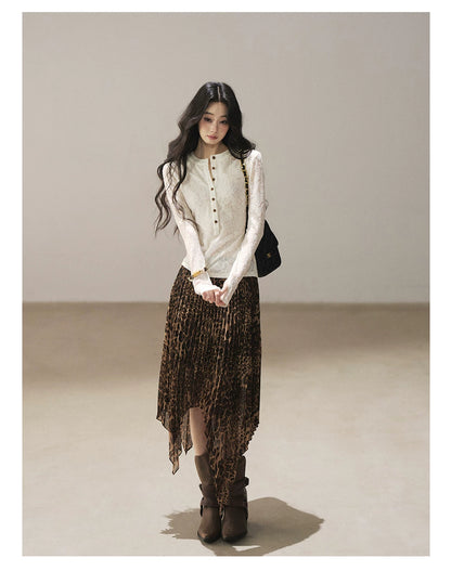AOMALM - “Cocoa Leopard” Pleated Asymmetric Midi Skirt