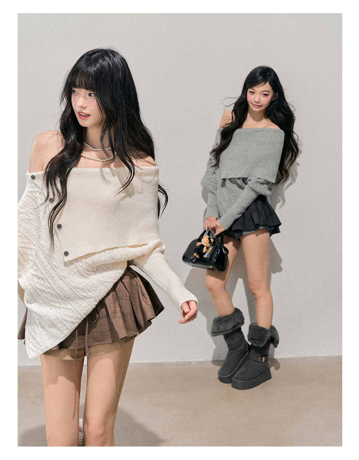 少也眼 “Letter from the Snow Country” Off-Shoulder Asymmetric Cable-Knit Sweater 1464854
