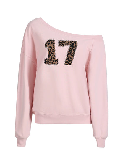 "Pink Panther Mood" Blush Pink Leopard Patch One-Shoulder Sweatshirt