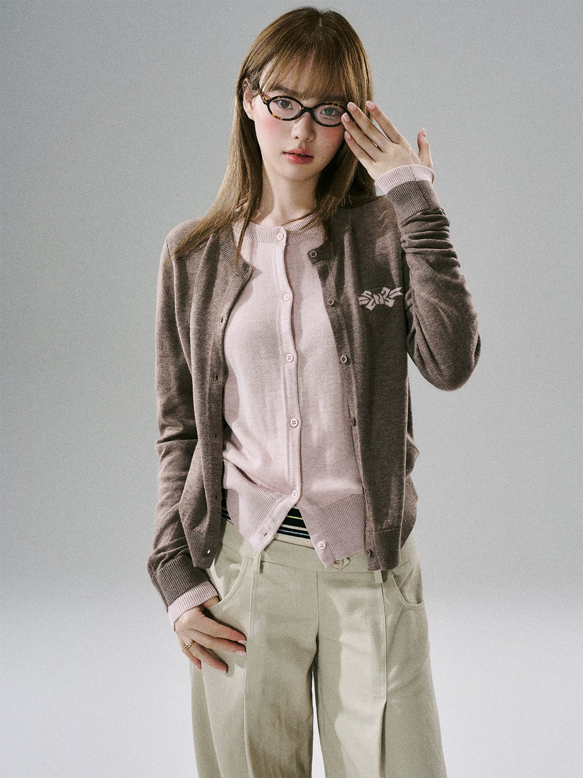 LOST FOREST - Brown Pink Bow Layered Cardigan