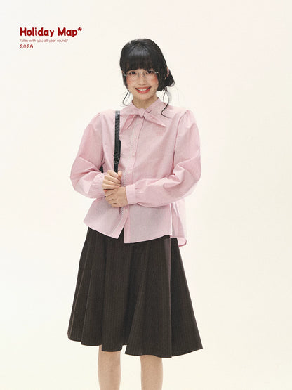 "Blush Poetry" Pink Stripe Cotton Bow Blouse