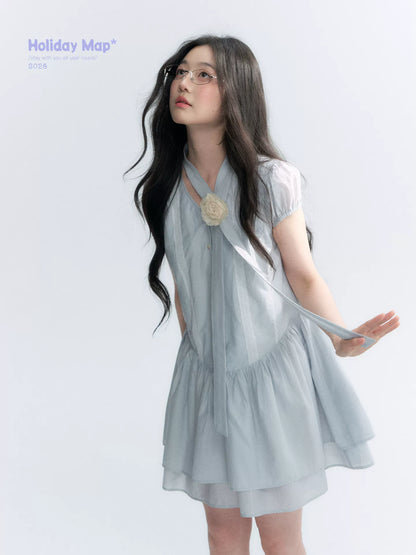 "Cedar Salt" Cool Moon Blue Lace Trim Puff Sleeve Dress