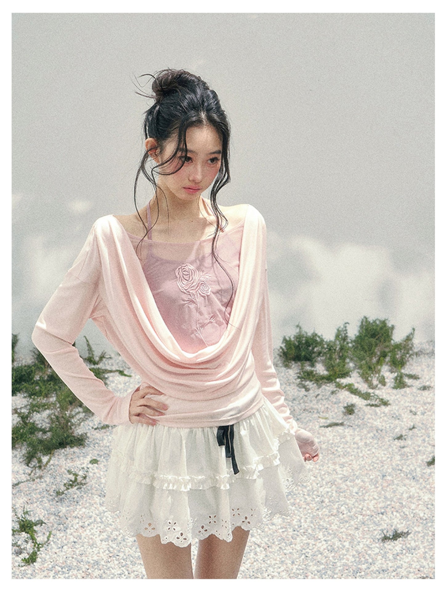 少也眼 “Summer Bloom Sequence” Cinnamon Pink Lyocell Two-Piece Overlay Set 140