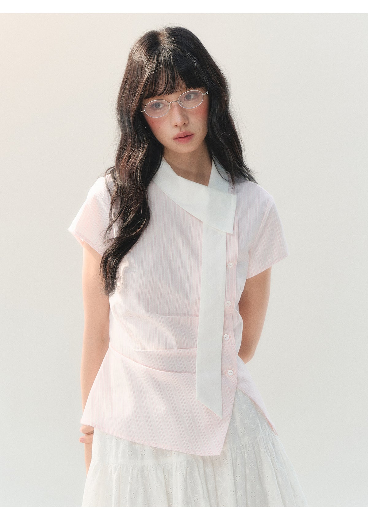 [CAN] "Girl's Getaway" Pink Stripe Ribbon Collar Blouse