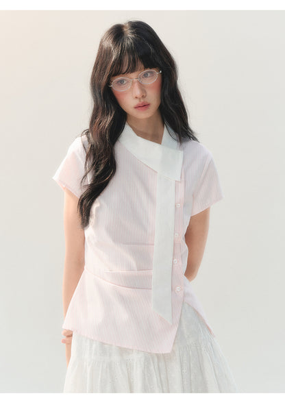 [CAN] "Girl's Getaway" Pink Stripe Ribbon Collar Blouse