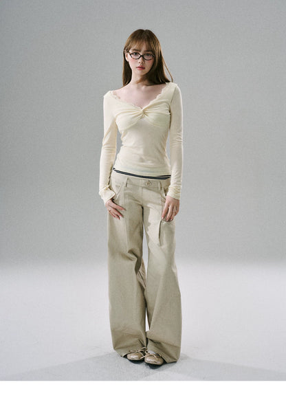 LOST FOREST - Khaki & Black Striped Wide-Leg Floor-Length Pants