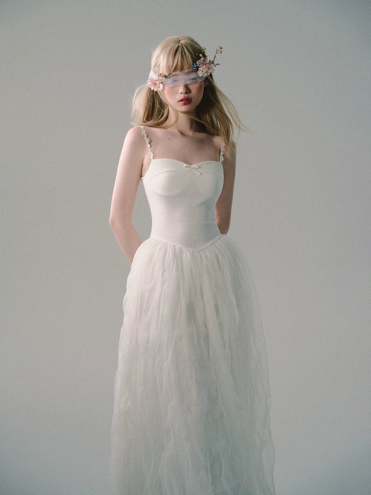OAKMOO/ "Flowers in a Dream" Gardenia White Embroidered Mesh Maxi Dress