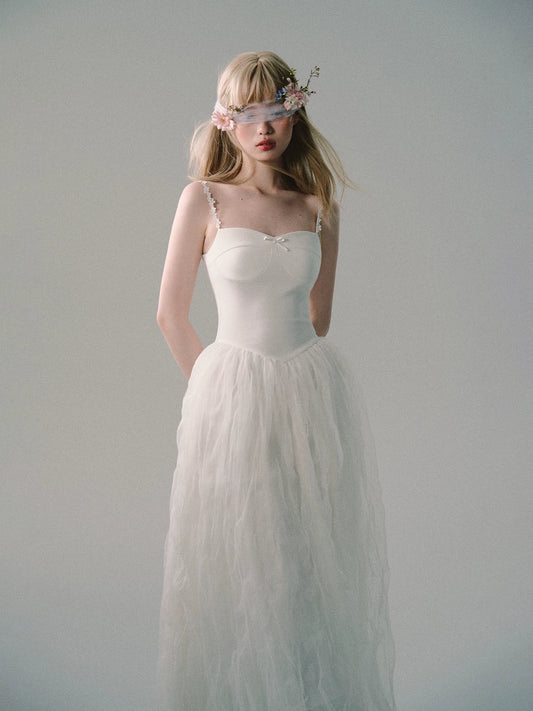 OAKMOO/ "Flowers in a Dream" Gardenia White Embroidered Mesh Maxi Dress
