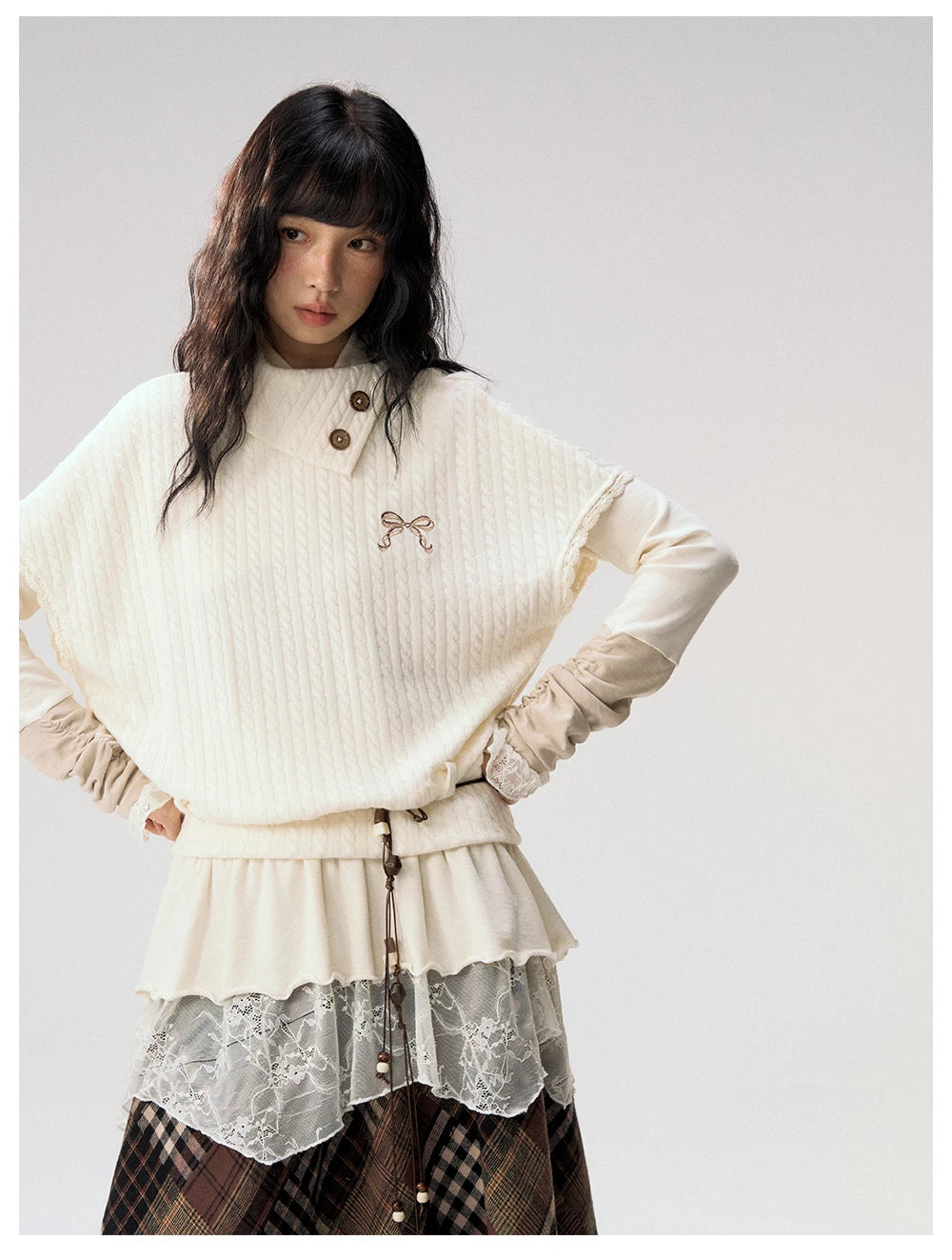[CAN] "Oatmeal Harmony" Ivory Taupe Ruffle Lace Layered Knit Top