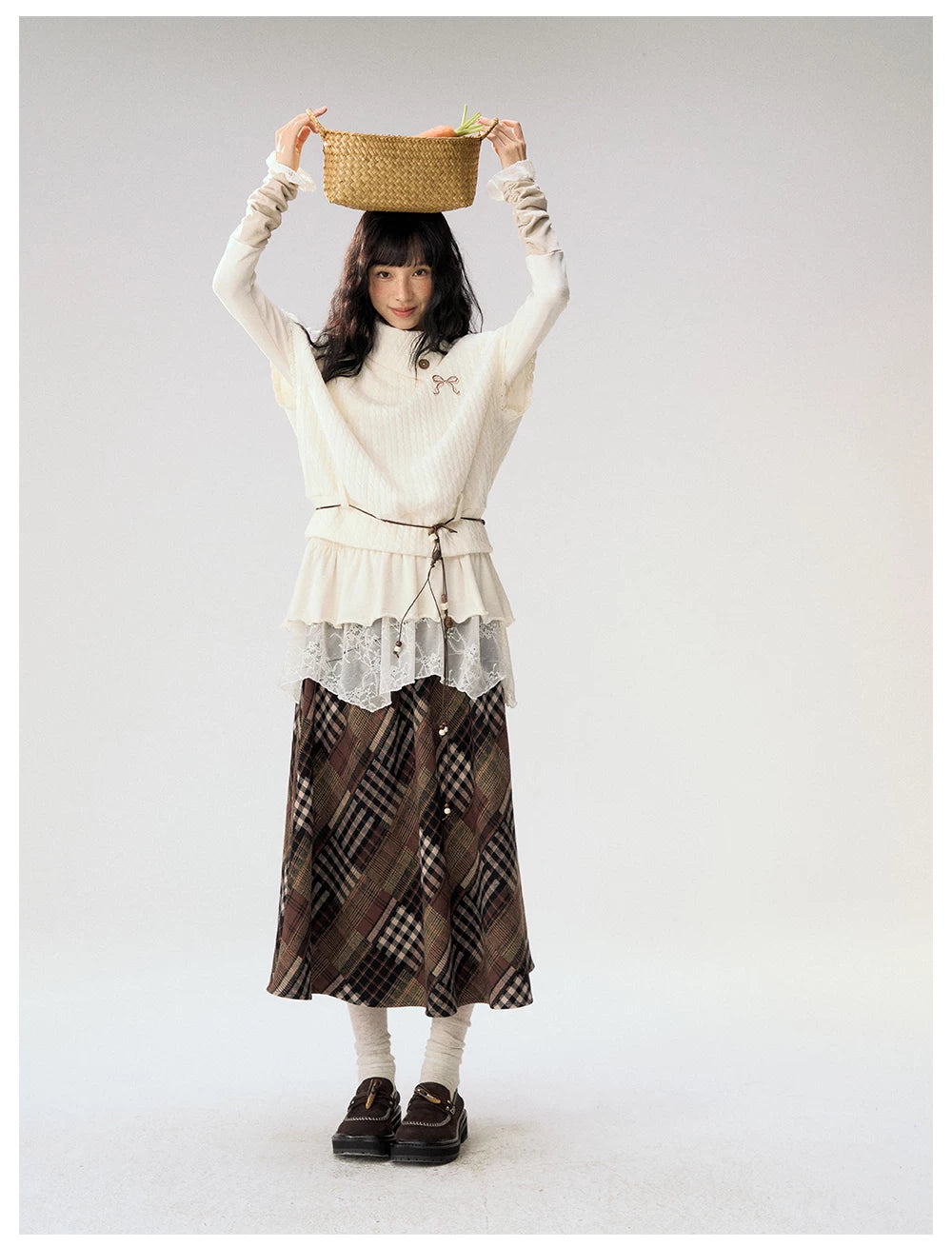 [CAN] "Oatmeal Harmony" Ivory Taupe Ruffle Lace Layered Knit Top