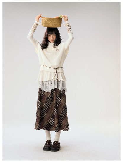 [CAN] "Oatmeal Harmony" Ivory Taupe Ruffle Lace Layered Knit Top