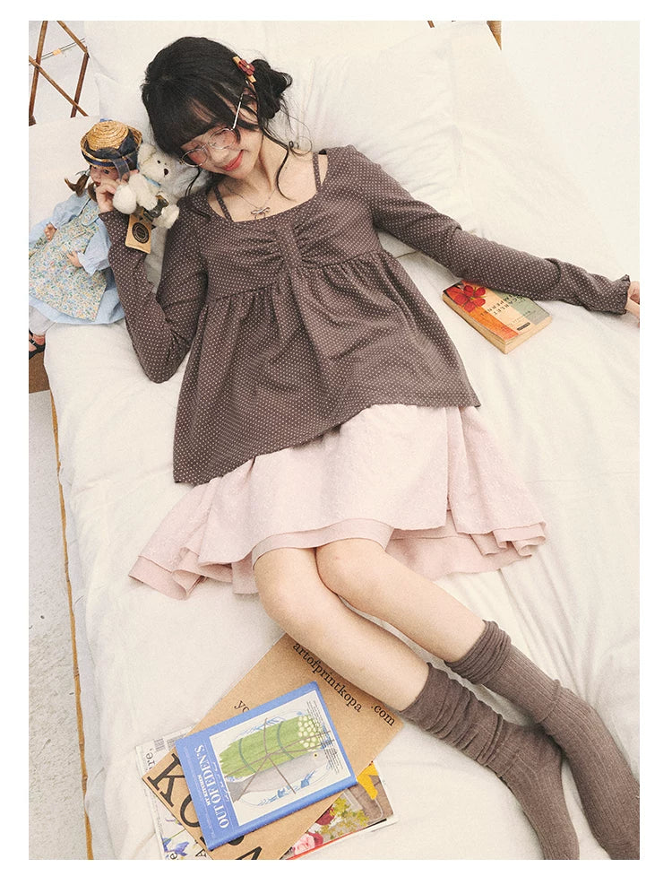 "Sweet Favorite" Polka Dot Faux-Layer Bow Knit Top (Gray Brown/ Blush Pink)