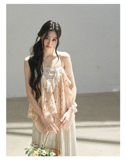 "Orange-Scented Dusk" Toasted Rice Beige Asymmetrical Lace Cami