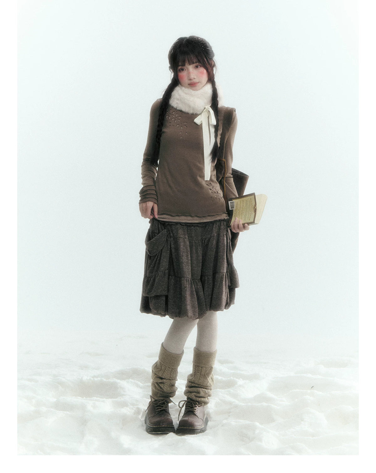 Horridale - [FREE GIFT] Vintage Bow-Tie Faux Fur Collar Scarf (Cream White / Brown)