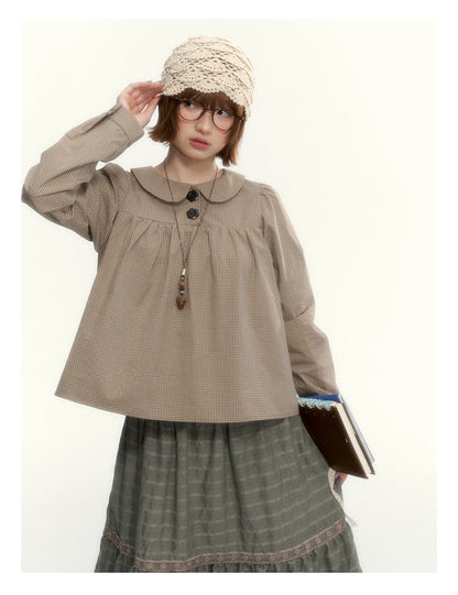 "The Vintage Darling" Light Coffee Plaid Cotton Peter Pan Collar Blouse