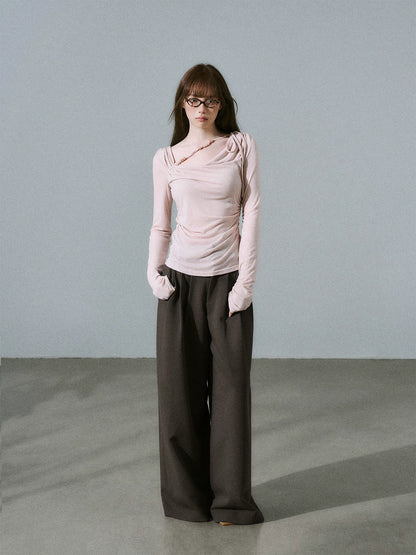 LOST FOREST - Low-Rise Triple-Pleat Wide-Leg Trousers (Black / Red Brown / Gray)
