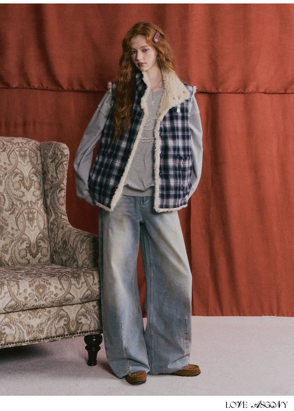 ASGONY - Reversible Plaid & Faux Fur Stand-Collar Vest