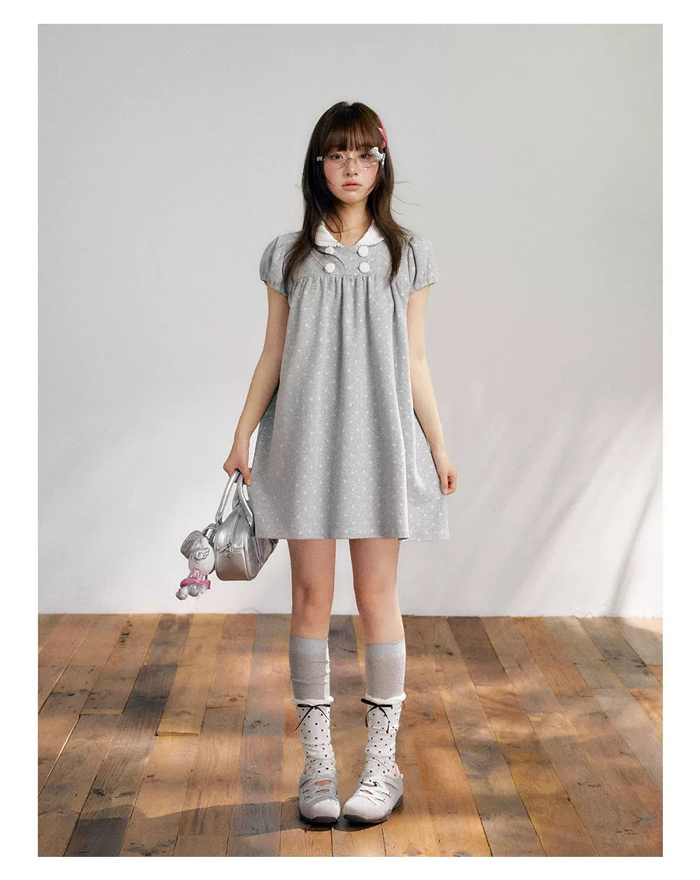 “Grey Sugar Cloud” Grey Polka Dot Doll Collar Dress