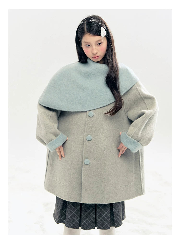 "Double Winter Embrace" Blue & Gray Reversible Wool-Blend Cape Coat