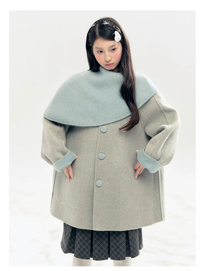 "Double Winter Embrace" Blue & Gray Reversible Wool-Blend Cape Coat