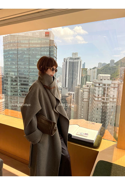 QuQuOuYang - 100% Wool Double-Face Belted Coat with Convertible Collar