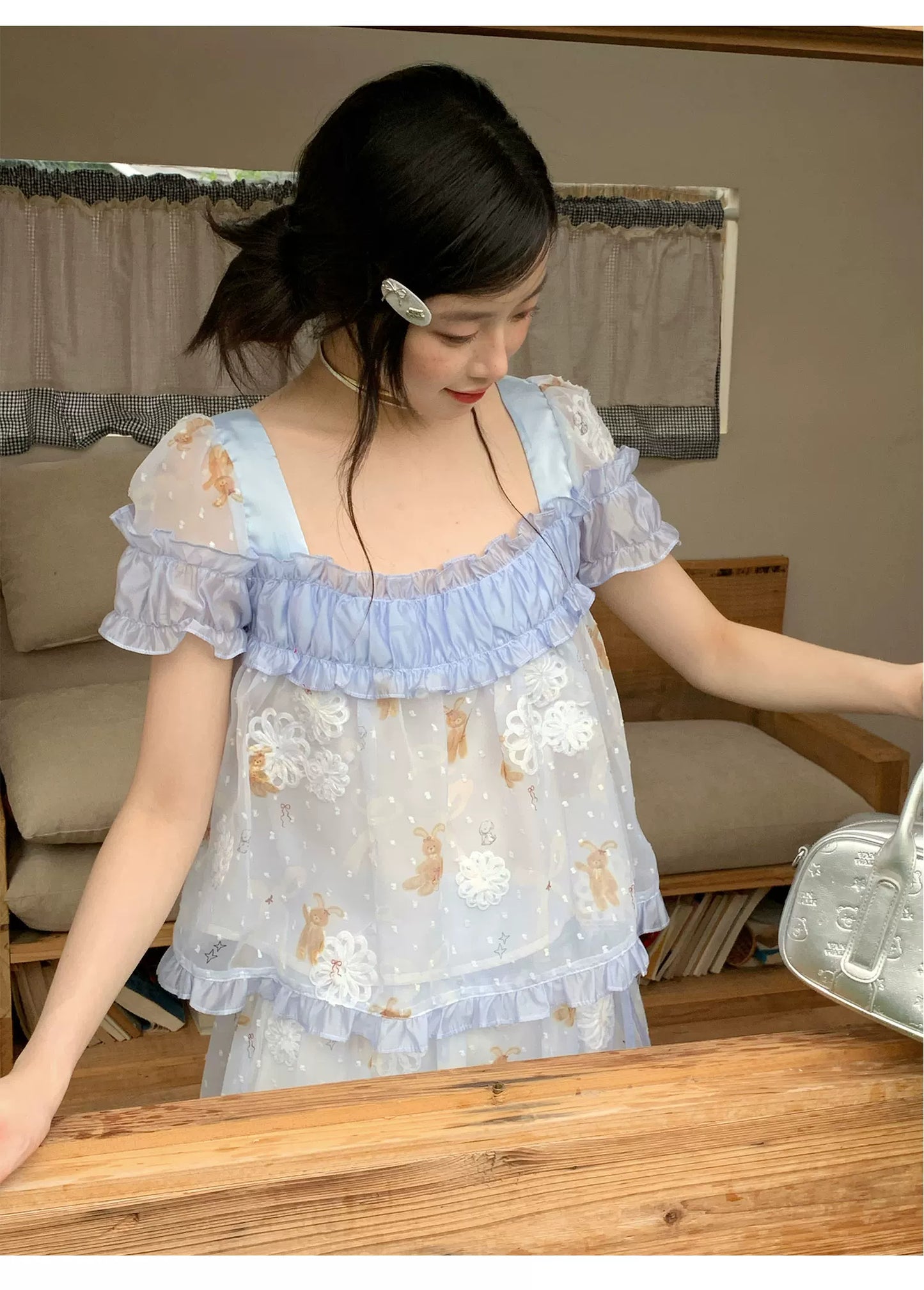 [RF] “Blue Teddy Fairytale” Bear Print Two-Piece Dress Set