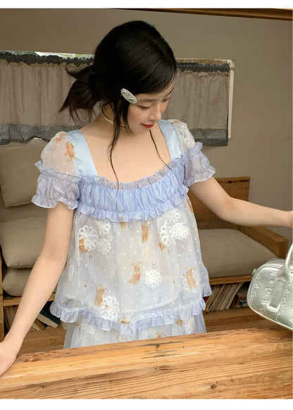 [RF] “Blue Teddy Fairytale” Bear Print Two-Piece Dress Set