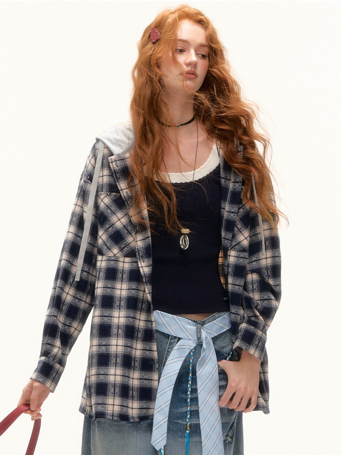 ASGONY - Retro Plaid Contrast Hoodie Shirt