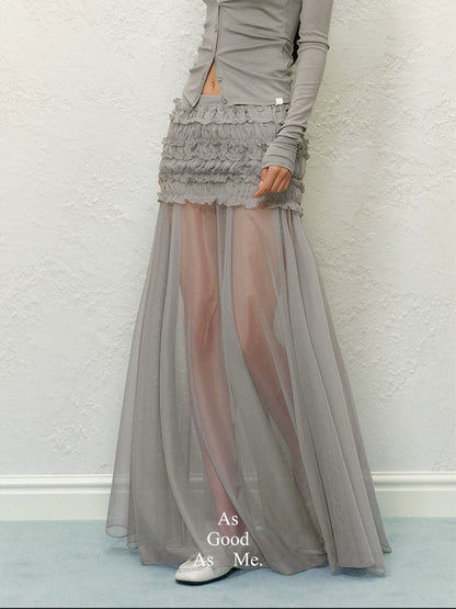 "Soft Horizon" Gray Mesh Panel Bodycon Maxi Skirt