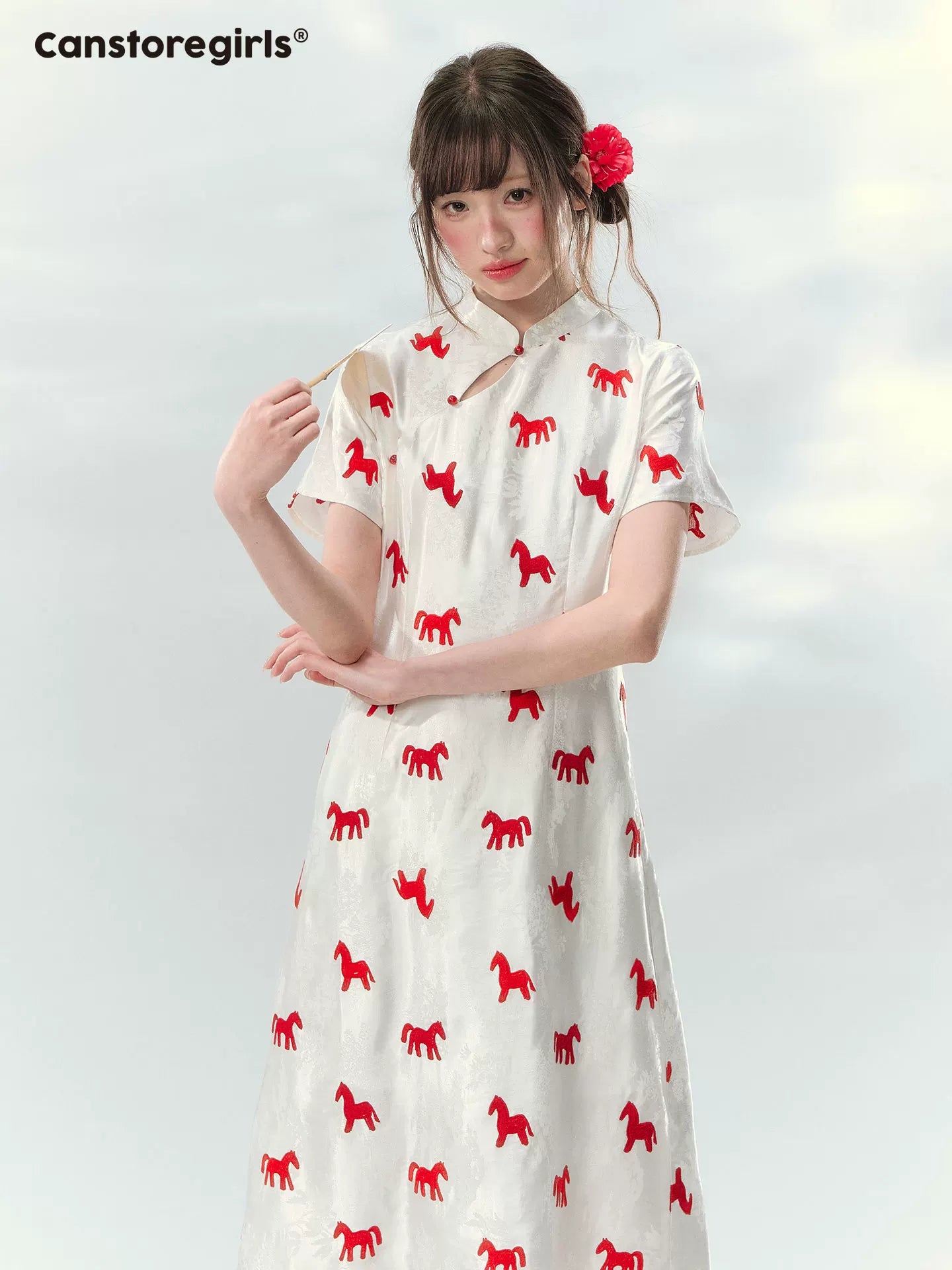 “Crimson Steed Reverie” Red Embroidered Cheongsam Dress LL2026165