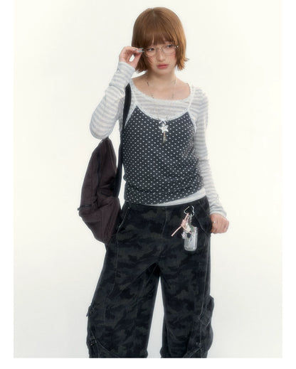 “Early Gray” Light Gray Striped Lace-Trimmed Fitted Long-Sleeve Top