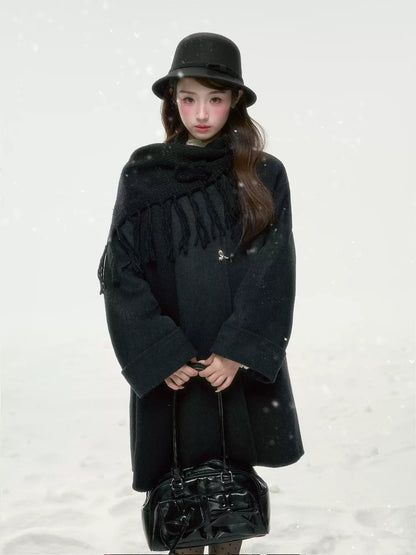 BIBIBENCY - Black Wool-Blend Coat with Detachable Scarf Collar