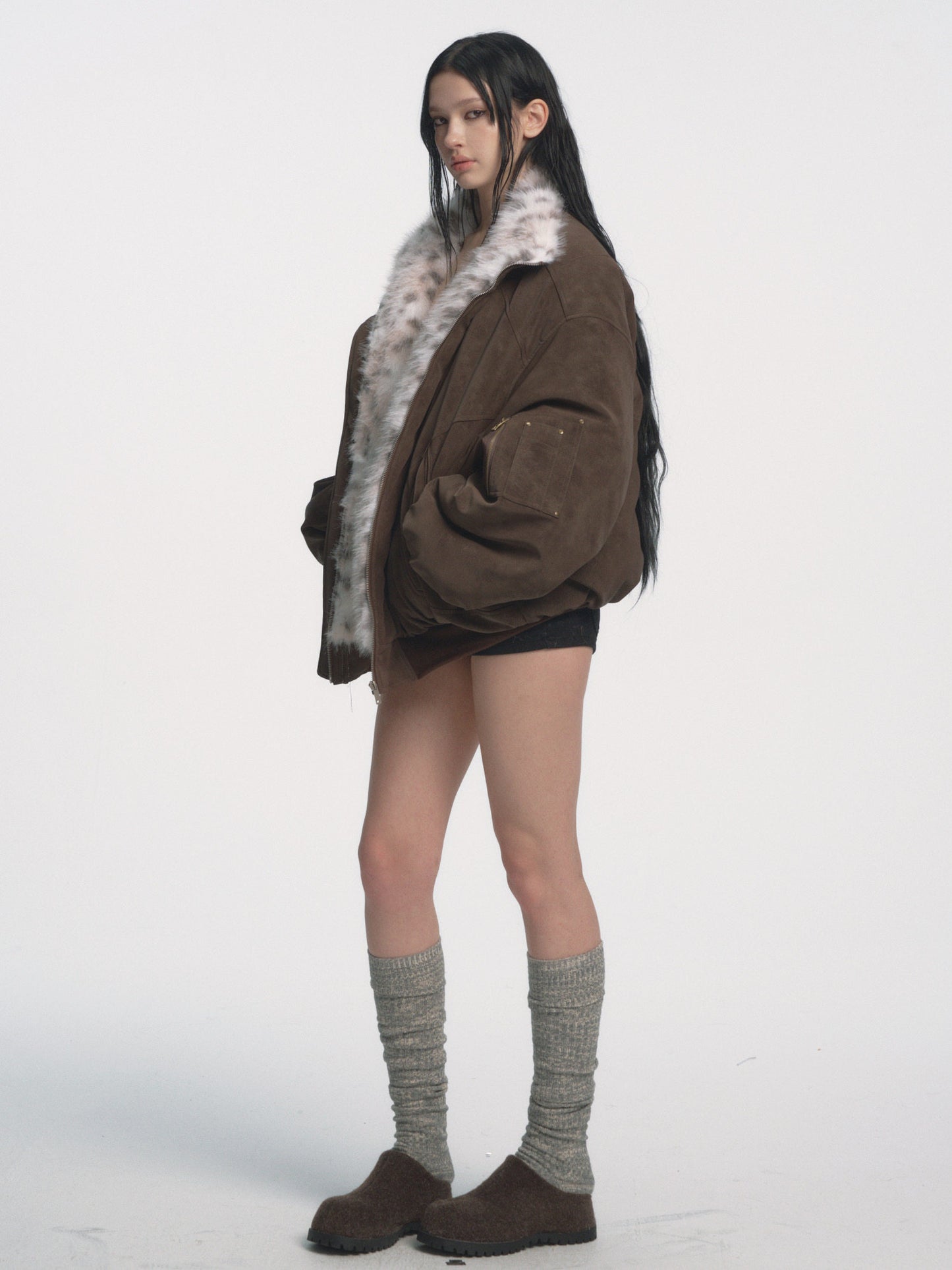Muirgen - Brown Y2K Reversible Faux Fur Suede Aviator Jacket