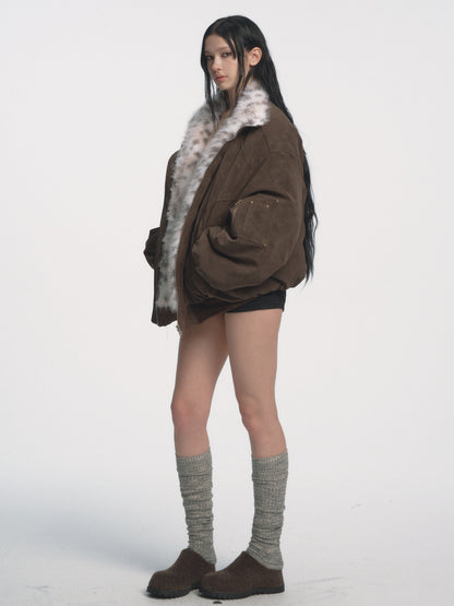 Muirgen - Brown Y2K Reversible Faux Fur Suede Aviator Jacket