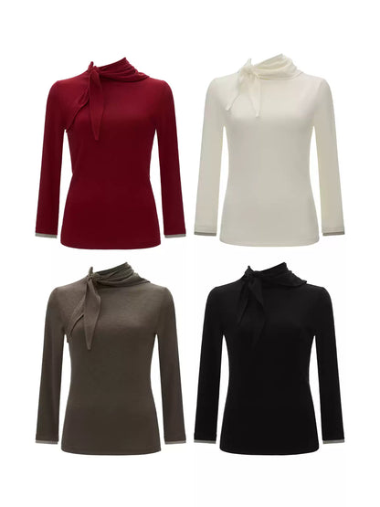MAMC - Soft Wrap-Tie Fitted Long-Sleeve Top (Red / Black / White / Gray)