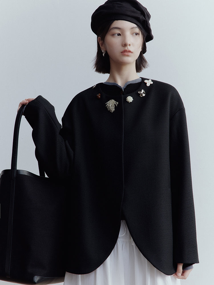 FUSSED Curious Museum Wool Tweed Jacket – Art Button Embellished in Elegant Black FOF-25SS131
