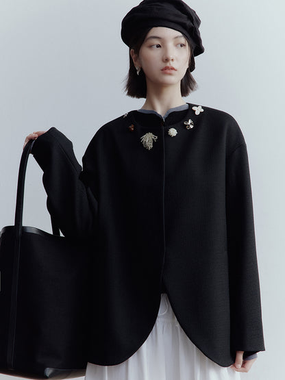 FUSSED Curious Museum Wool Tweed Jacket – Art Button Embellished in Elegant Black FOF-25SS131