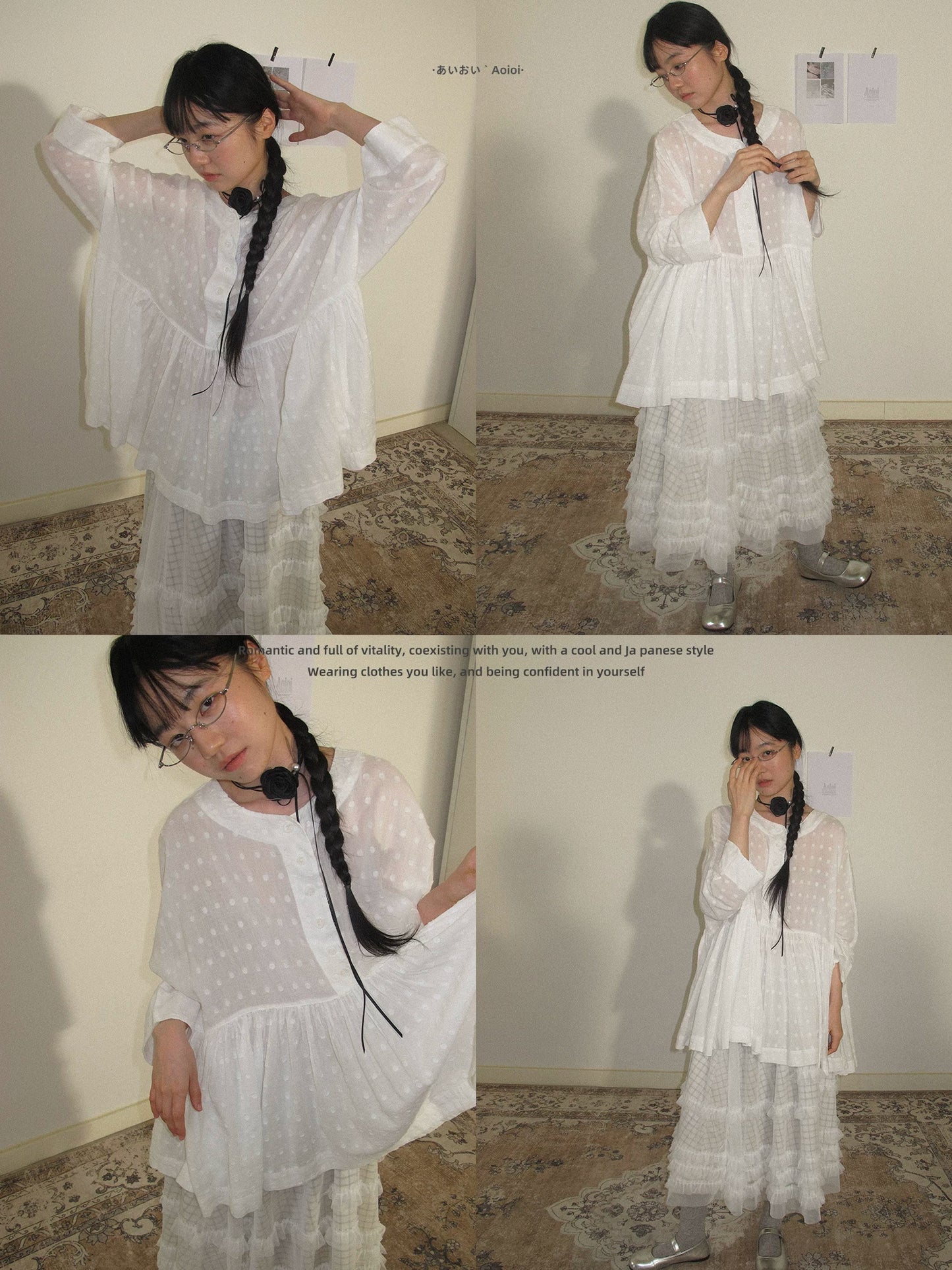 "Soft Polka Whisper" White Long Sleeve Babydoll Midi Dress