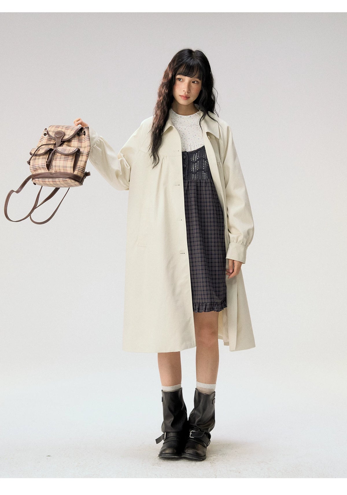 [CAN] “Oat Check Collar” Apricot Bow Cape Collar Trench Coat