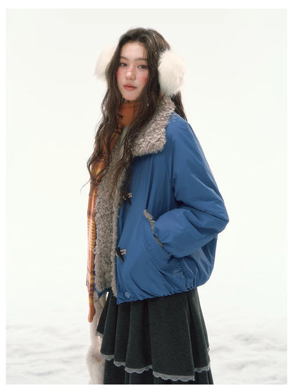 CANSTORE - "Cobalt Snowfall" Cobalt Blue Cropped Toggle Coat with Plush Trim