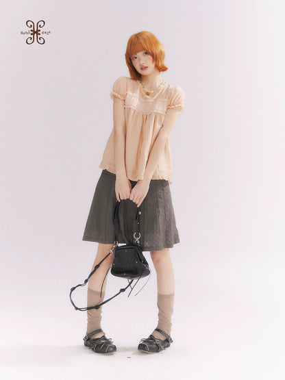 “Orange Soda” Seashell Orange Mesh Panel Puff Sleeve Top