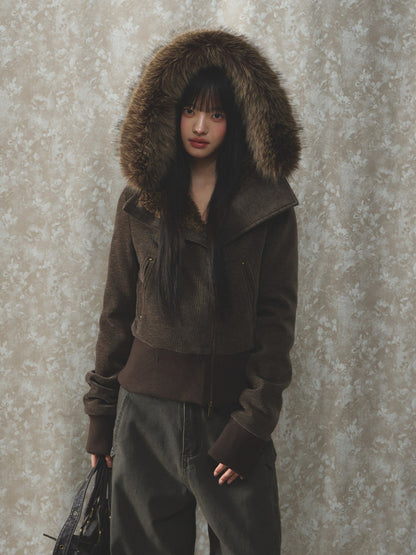 Soote Season - Deep Brown Chenille Faux-Fur Hooded Cropped Jacket