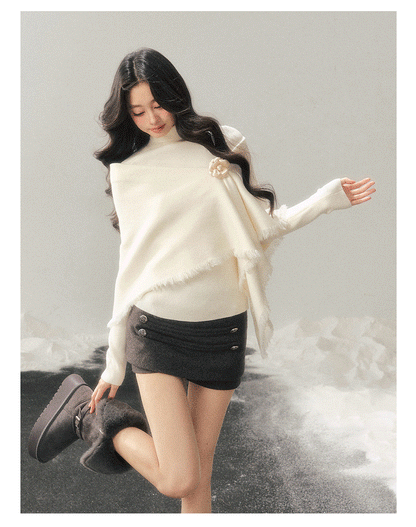 少也眼 "Speechless Under the Full Moon" Camellia White French Turtleneck Knit & Shawl Set