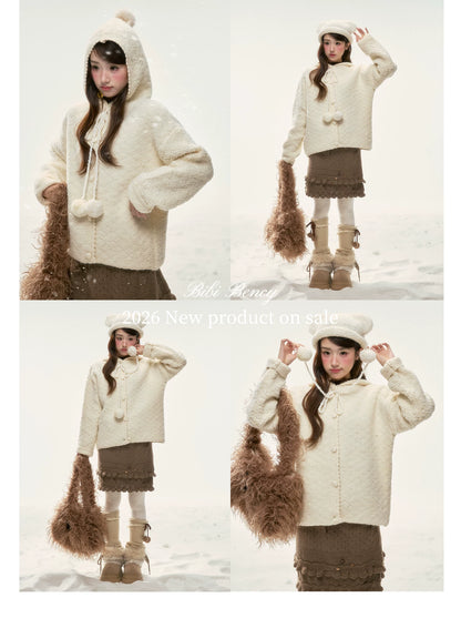BIBIBENCY - Cream Beige Faux-Shearling Short Jacket