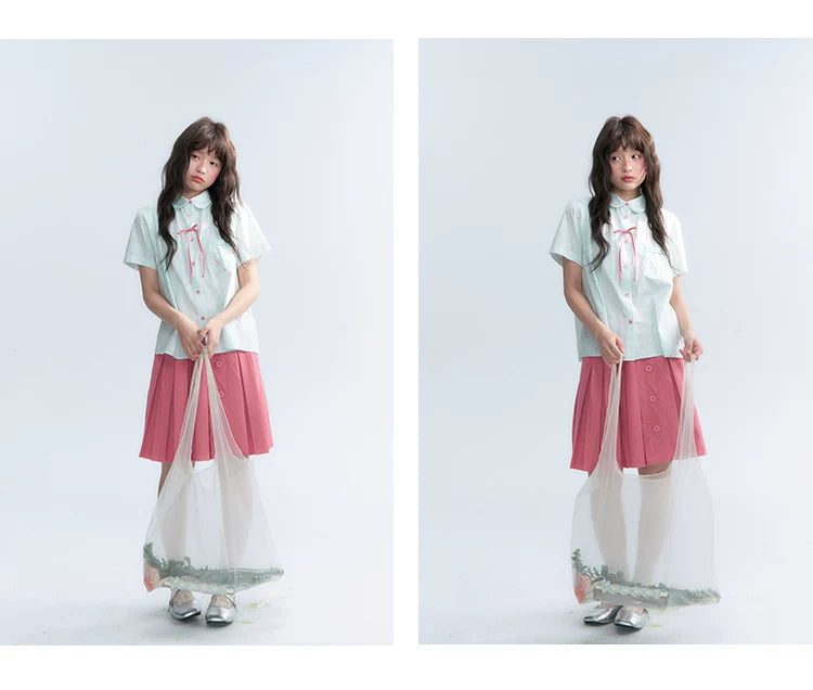 "Summer Sweetheart" Heart Stripe Blouse & Pleated Skirt Set