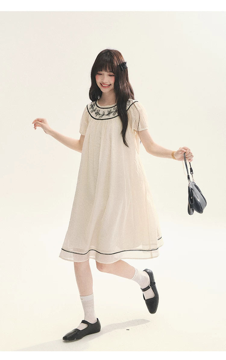 "Midnight Princess" Yellow Flower Rope Embroidered Babydoll Midi Dress
