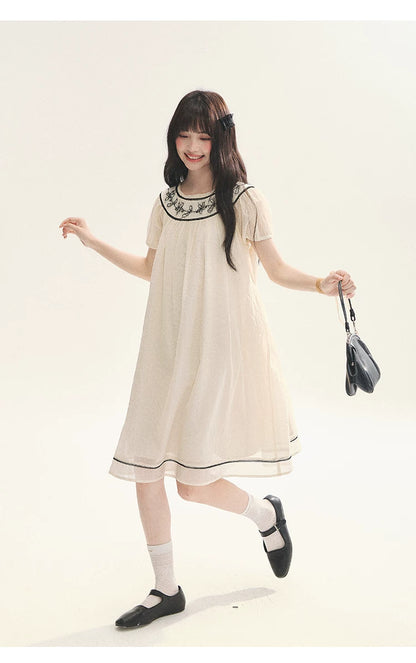 "Midnight Princess" Yellow Flower Rope Embroidered Babydoll Midi Dress