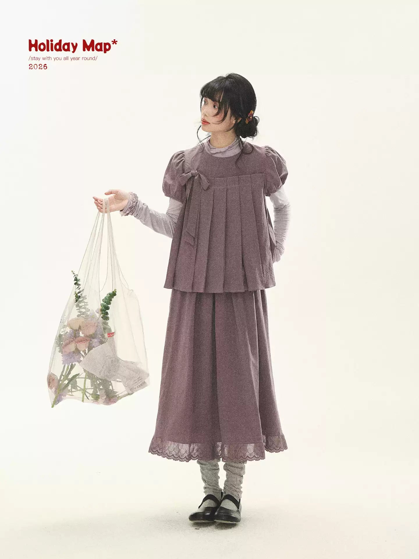 "Whispers Between Pleats" Gray Grape Purple Pleated Top & Maxi Skirt Set