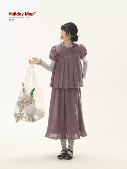 "Whispers Between Pleats" Gray Grape Purple Pleated Top & Maxi Skirt Set